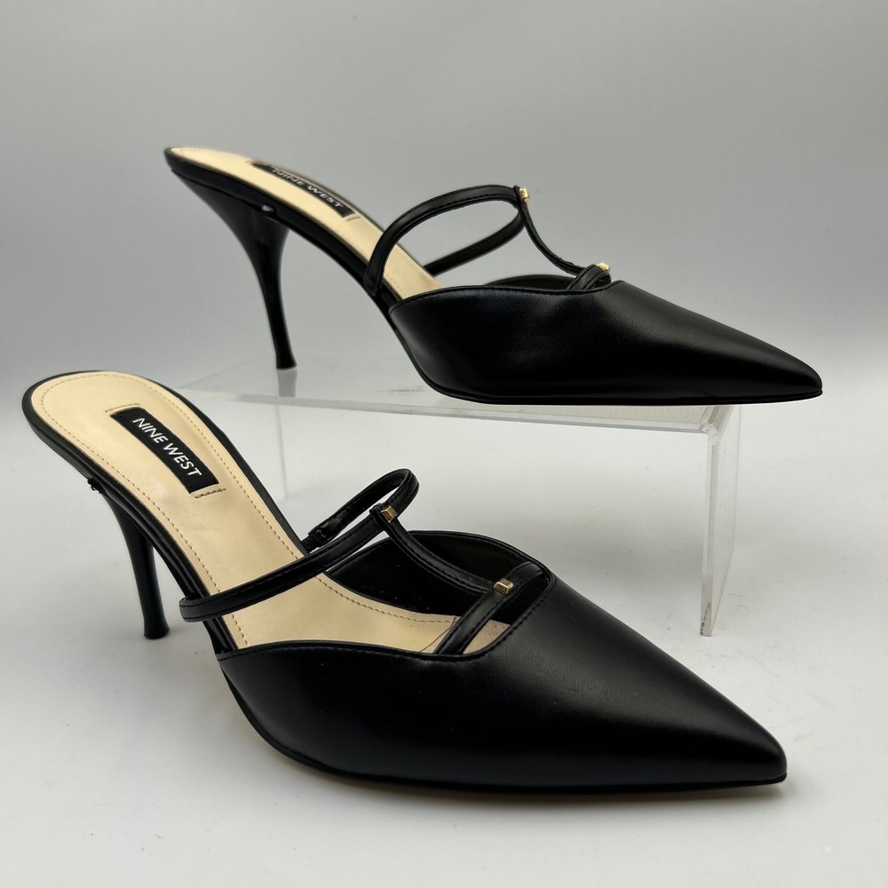 Nine West Mules Womens 7.5 Black T-Strap Pointed Toe Stiletto Office Siren
